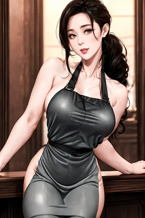 apron,sweat,(random sex pose:1.2),(random hairstyle),(thin type:1.5),(large breasts),(highest image quality,(8k), ultra-realisti...