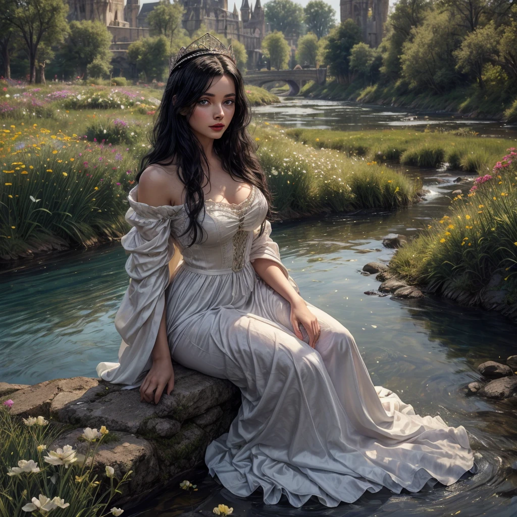 A beautiful woman with bright blue eyes, long black hair, fair skin, and red lips, she sits in a meadow filled with flowers, surrounded by a river. She wears a white medieval gown and a crown made of flowers. A medieval castle can be seen in the distance. Artgerm, nostalgic, emotional.