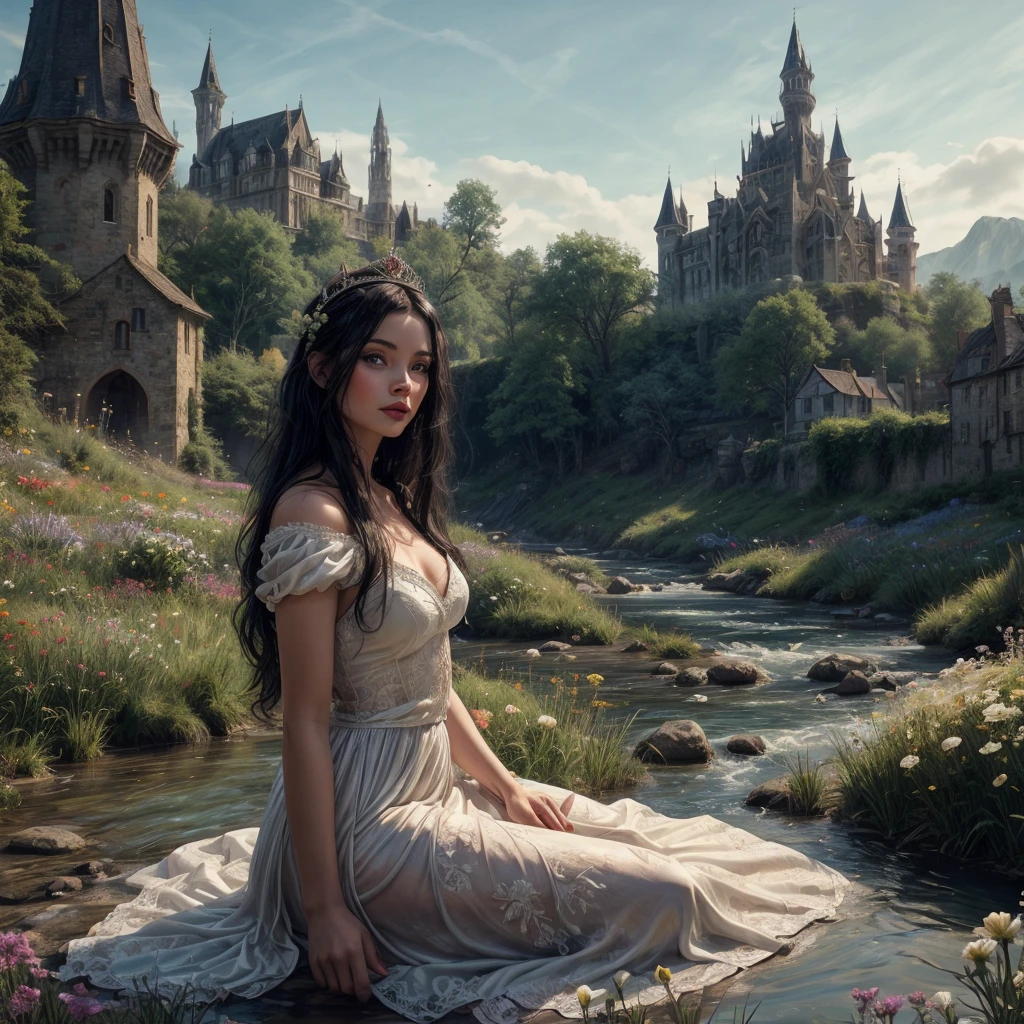 A beautiful woman with bright blue eyes, long black hair, fair skin, and red lips, she sits in a meadow filled with flowers, surrounded by a river. She wears a white medieval gown and a crown made of flowers. A medieval castle can be seen in the distance. Artgerm, nostalgic, emotional.