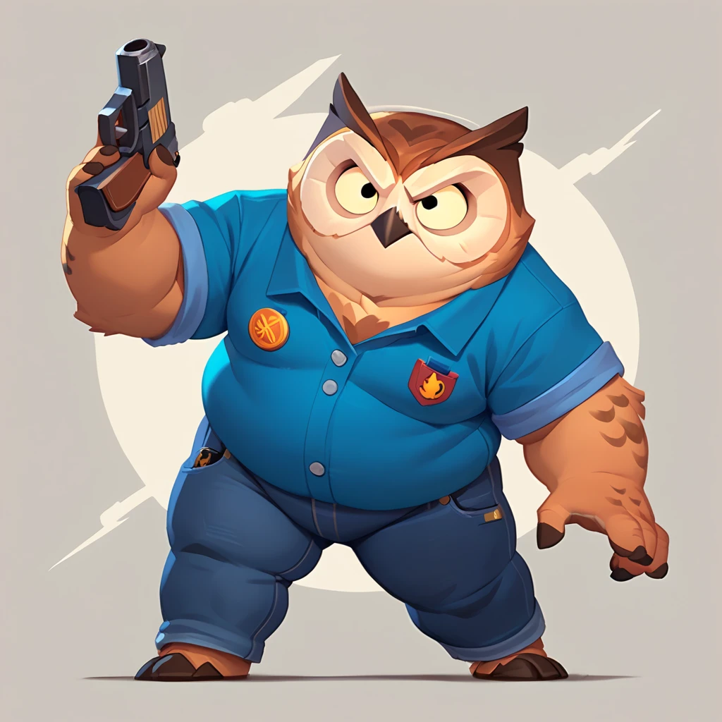 full view of an owl, brown, obese, anthropomorphic, dressed in a blue polo shirt and jeans with orange stitching on the side, a sinture with an owl as a symbol, equipped with a futuristic pistol stored in its pockets, fight