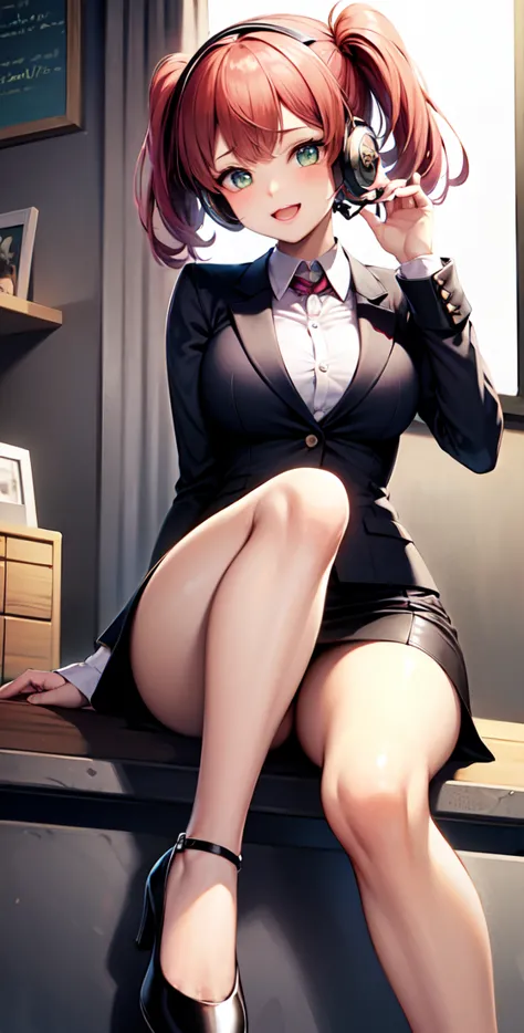 ​masterpiece, 1girl ((20year old, dressed in a tight red business suit, business suit jacket, tight white shirt, tight knee leng...