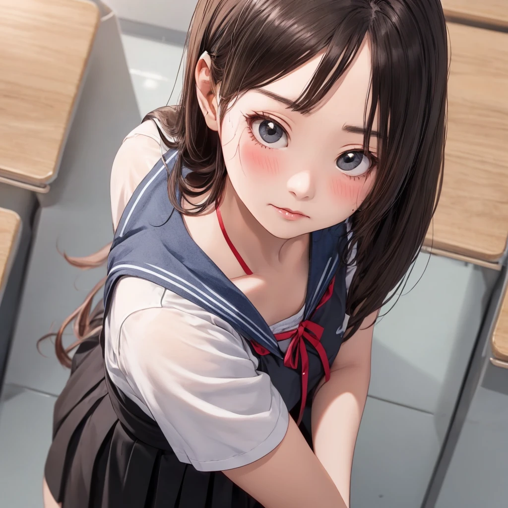 Clear Face,masterpiece,super high quality, Very detailed,Perfect drawing,Hmph,3d,8k,beautiful girl,One Girl,Has long brown hair、Grey、Black Skirt, Red ribbon on、((She glared at me sharply..., Looking down from above)), beautiful girl with a wonderful face, Long eyelashes, School、locker room、Human Anatomy、shiho kitazawa、blush、Estrus、Wet clothes、Light blue underwear
