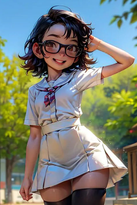 (masterpiece，Highest quality，detailed:1.3)，One Girl，Very short stature，Flat Chest，Very thin thighs，Baby Face，tights，Glasses，Stan...