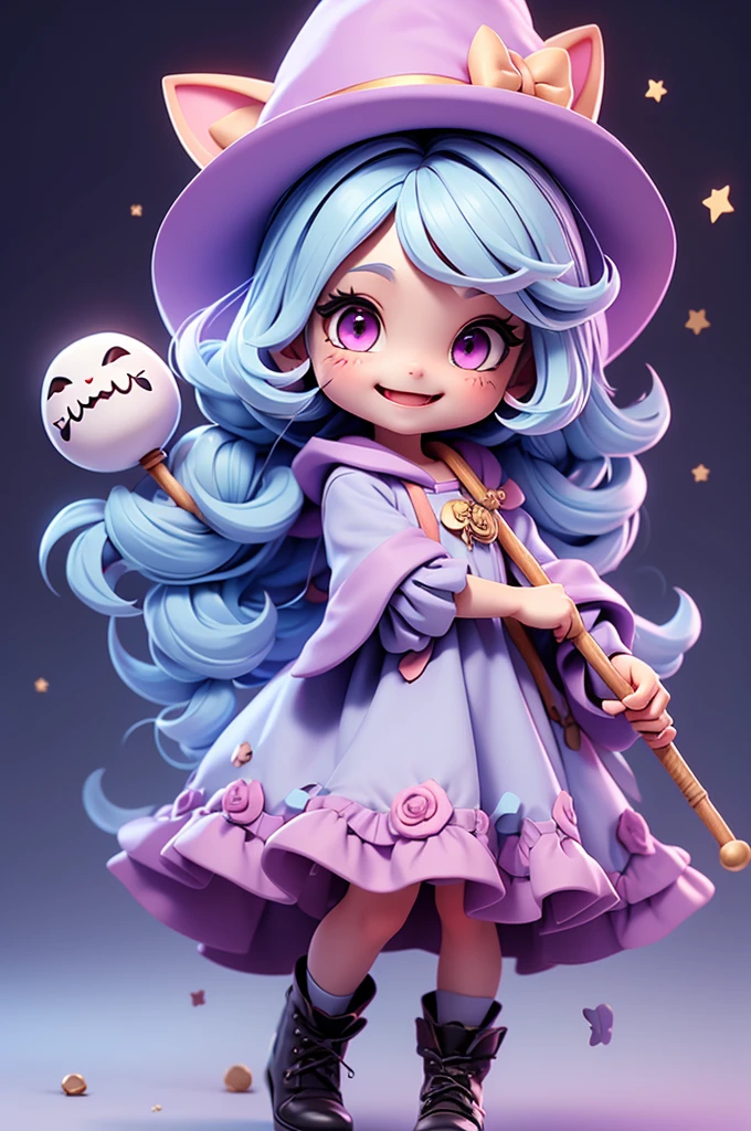 A cute little witch with a feline and mischievous look, tiny, pink eyes, witch hat, cat mouth, cuteness, holding a staff, fun look, messy, lively, smiling, chibi, tiny, short, light blue hair, grayish purple dress #6e5375, clothes with brown straps, leather clothes, hair tied in pigtails tied at the ends, big witch hat, , comforting.