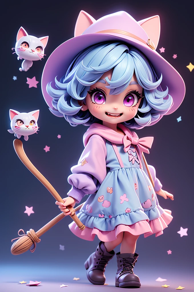 A cute little witch with a feline and mischievous look, tiny, pink eyes, witch hat, cat mouth, cuteness, holding a staff, fun look, messy, lively, smiling, chibi, tiny, short, light blue hair, grayish purple dress #6e5375, clothes with brown straps, leather clothes, hair tied in pigtails tied at the ends, big witch hat, , comforting.