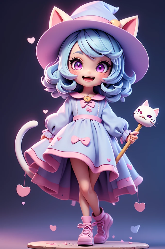 A cute little witch with a feline and mischievous look, tiny, pink eyes, witch hat, cat mouth, cuteness, holding a staff, fun look, messy, lively, smiling, chibi, tiny, short, light blue hair, grayish purple dress #6e5375, clothes with brown straps, leather clothes, hair tied in pigtails tied at the ends, big witch hat, , comforting.