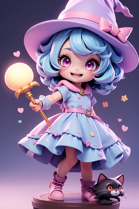 a cute little witch with a feline and mischievous look, tiny, pink eyes, witch hat, cat mouth, cuteness, holding a staff, fun lo...