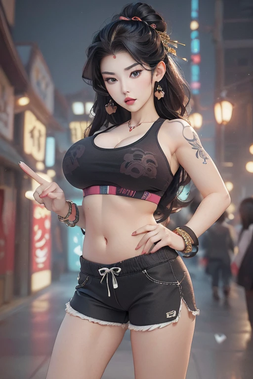 ((masterpiece, best quality, perfect eyes, perfect face, perfect anatomy, ((Busty Bitches)), 2girls(2 milfs))) ecchi chibi girl, (g string, sports bra, black tight shorts ,  bracelets, tattoo of Korean characters, colourful jewellery, dark magic), (Night street in Asian village, mystical)