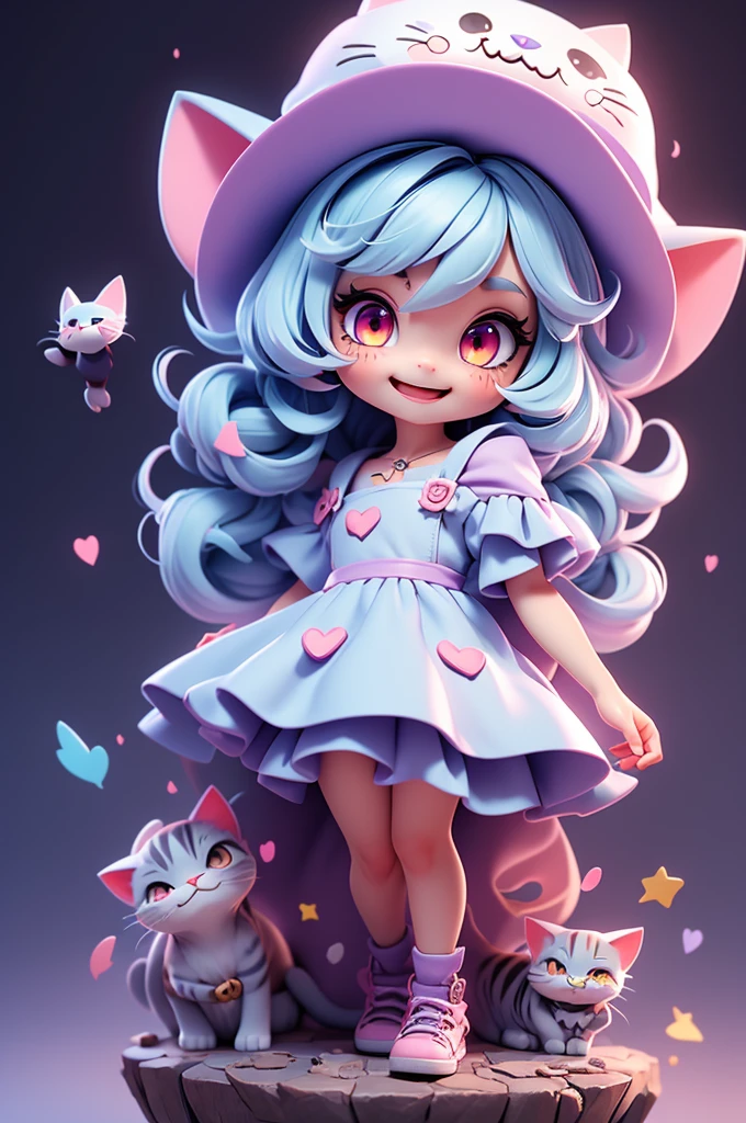 A cute little witch with a feline and mischievous look, tiny, pink eyes, witch hat, cat mouth, cuteness, fun look, messy, lively, smiling, chibi, tiny, short, light blue hair, grayish purple dress #6e5375, clothes with brown straps, leather clothes, hair tied in a pigtail tied at the ends, a large witch's hat, a small, comforting body, big, tied hair, a puffy full dress.