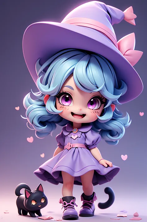 A cute little witch with a feline and mischievous look, tiny, pink eyes, witch hat, cat mouth, cuteness, fun look, messy, lively...