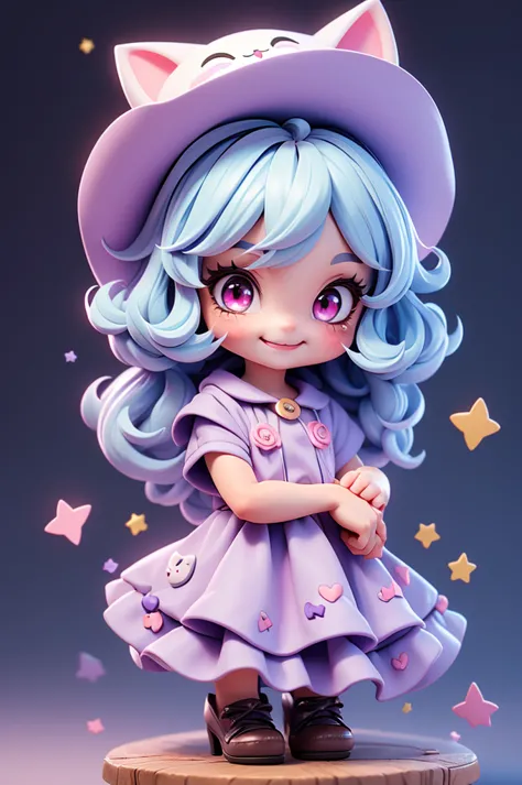 a cute little witch with a feline and mischievous look, tiny, pink eyes, witch hat, cat mouth, cuteness, fun look, messy, lively...