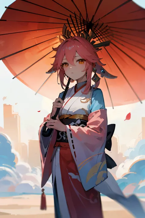 Yae Miko, Genshin Impact, wearing pink kimono, carrying an umbrella with flower, Inazuma city, absurdres, high res, ultrasharp, 8k, masterpiece, looking at viewer