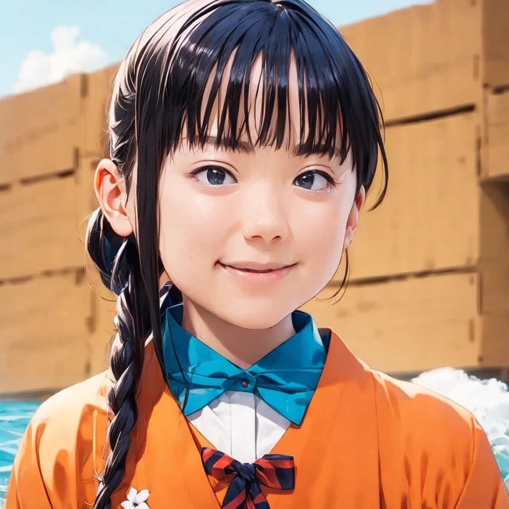 (1 girl, alone, Japanese Girls), 13 years old,Highest quality, 8k, High resolution, Very detailed, (Portraiture), Remember, Black Hair, ponytail, Glowing Skin, Flat Chest, smile, (Middle school students:1.5, uniform, White collared shirt, bow tie,), summer, blue sky, thunder head, Ocean,
