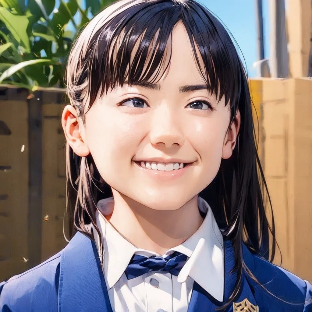 (1 girl, alone, Japanese Girls), 13 years old,Highest quality, 8k, High resolution, Very detailed, (Portraiture), Remember, Black Hair, ponytail, Glowing Skin, Flat Chest, smile, (Middle school students:1.5, uniform, White collared shirt, bow tie,), summer, blue sky, thunder head, Ocean,
