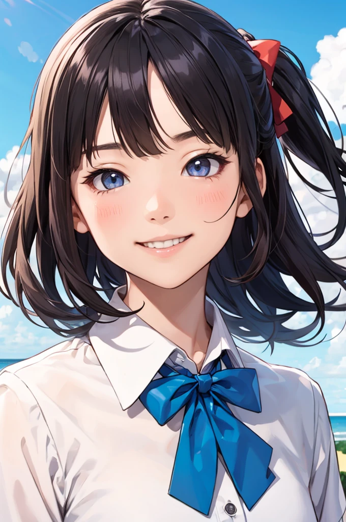 (1 girl, alone, Japanese Girls), 13 years old,Highest quality, 8k, High resolution, Very detailed, (Portraiture), Remember, Black Hair, ponytail, Glowing Skin, Flat Chest, smile, (Middle school students:1.5, uniform, White collared shirt, bow tie,), summer, blue sky, thunder head, Ocean,
