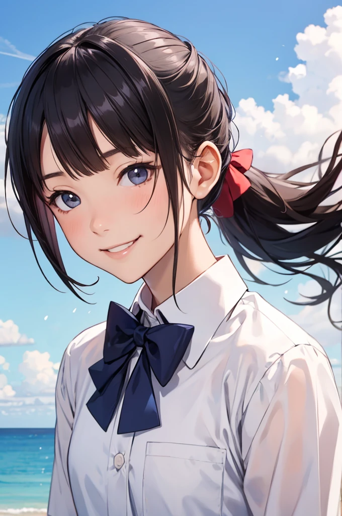 (1 girl, alone, Japanese Girls), 13 years old,Highest quality, 8k, High resolution, Very detailed, (Portraiture), Remember, Black Hair, ponytail, Glowing Skin, Flat Chest, smile, (Middle school students:1.5, uniform, White collared shirt, bow tie,), summer, blue sky, thunder head, Ocean,
