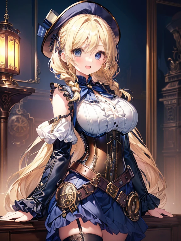 masterpiece,best quality,(Super detailed),Perfect lighting, Highly detailed CG,Super detailed,(highly detailed eyes,very cute face,Highly detailed face:1.3),beautiful anime girl,(solo girl),(Super huge breasts:1.4),(Sensual,charming:1.4),(Blonde,Shoulder length hair,Double braids,Let your hair fall forward:1.5),(big light blue eyes),(Very happy smile,open your mouth:1.3),rest,(steampunk costume,White ruffled shirt,Juliette sleeves,leather corset,Navy blue layered skirt,silk hat:1.5),lace stockings,steampunk background,steampunk city,huge bell tower,Standing,dynamic poses,Cowboy shooting，Sky Striker Reiyi