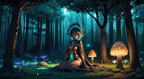 Black Girl listening to music on her headphones lonely beautiful black girl listening to music in the bioluminescent forest Afri...