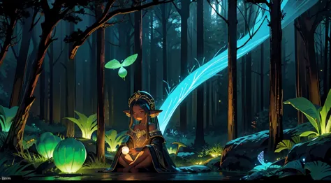 Black Girl listening to music on her headphones lonely beautiful black girl listening to music in the bioluminescent forest Afri...