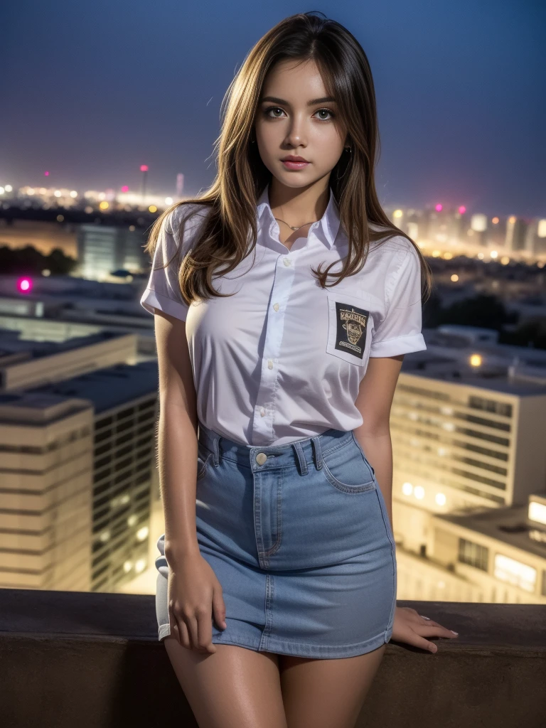 1girl, (uniform), standing, lean towards camera, outdoors, night view, detailed Metropolitan city at the background, detailed face, detailed eyes, brunette, big breasts, smooth realistic skin, semi-curvy body, white shirt, grey blue miniskirt, looking at the audience, (8k, RAW photo, best quality, masterpiece: 1.2), (realistic, realistic: 1.37), ultra-high resolution