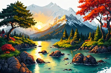 white background, landscape, paint, mountains, water, trees, vector art, offcenter, offset