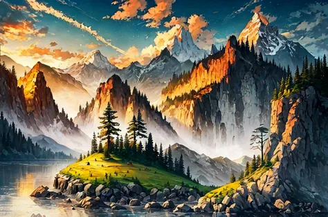 summer landscape, paint, mountains, water, trees, vector art, offcenter, offset, crystal clear