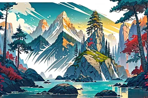 summer landscape, paint, mountains, water, trees, vector art, offcenter, offset, crystal clear