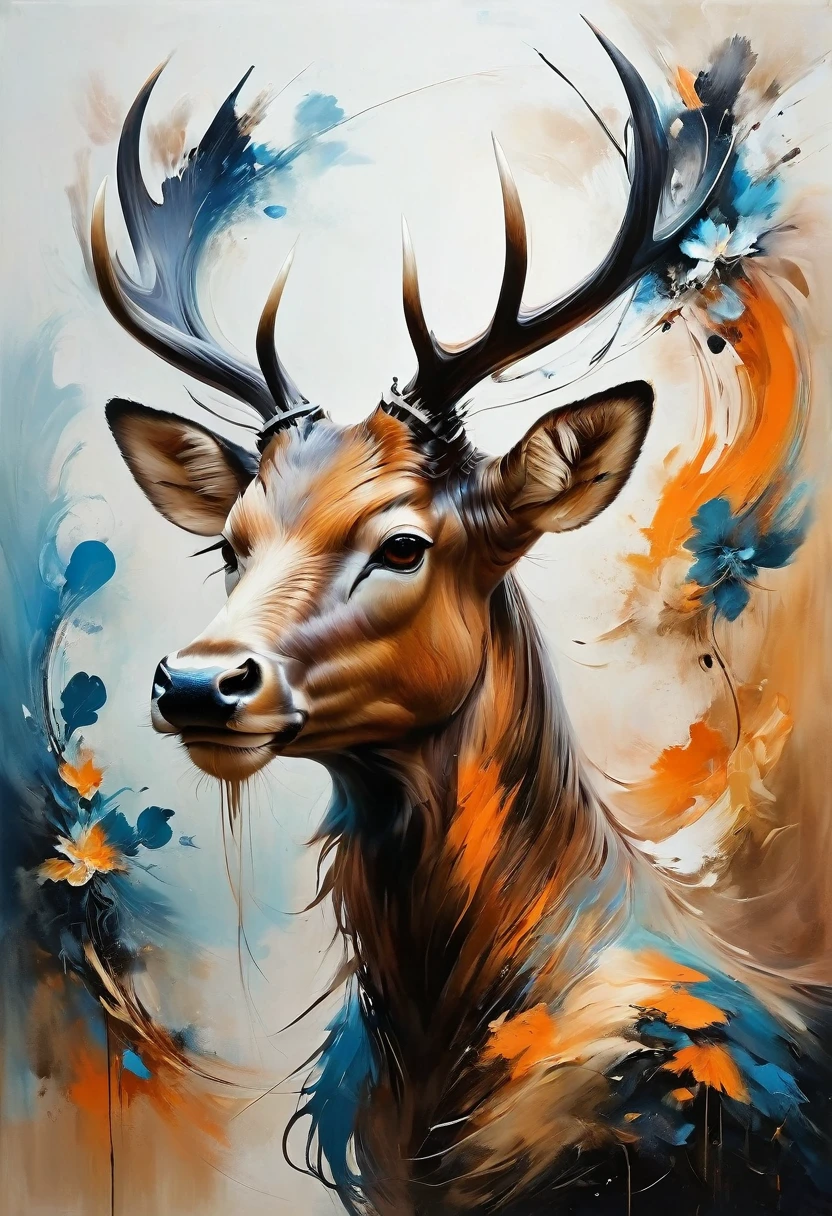 "Visualize an interpretation of a deer head. To capture its movement and energy in a unique and abstract way. Integrate strong brown, orange and white colors and sharp angles, to convey a feeling of movement and tension. Play with perspective and layering, to create a multidimensional composition, which questions traditional notions of space and form. Be inspired by the avant-garde spirit and see nature in a fresh and innovative light.. Unleash your creativity, as you bring this imaginative scene to life on the screen 