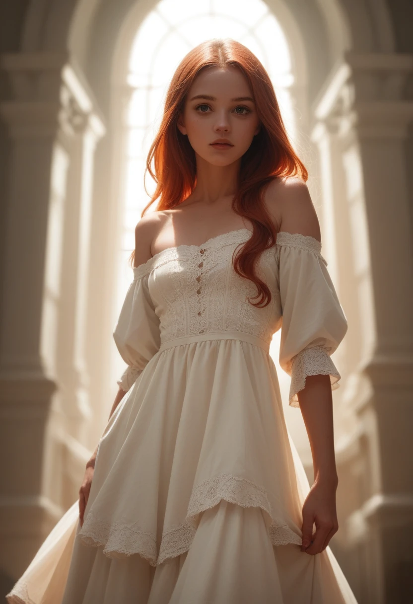 beautiful redhead girl,off shoulder paillette dress,cinematic lighting,perfect shading,dynamic angle,amazing composition,detailed
