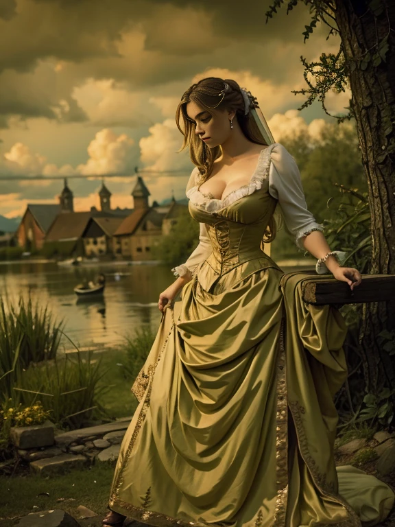 (Pure Color: 0.9), (Color: 1.1), (Masterpiece: 1,2), Top Quality, Masterpiece, High Resolution, Original, Highly Detailed Wallpaper, Beauty, Victorian, Dress, Melancholy, Big Breasts, Sepia Color, 30 years old