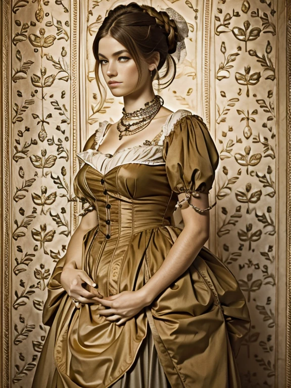 (Pure Color: 0.9), (Color: 1.1), (Masterpiece: 1,2), Top Quality, Masterpiece, High Resolution, Original, Highly Detailed Wallpaper, Beauty, Victorian, Dress, Melancholy, Big Breasts, Sepia Color, 30 years old