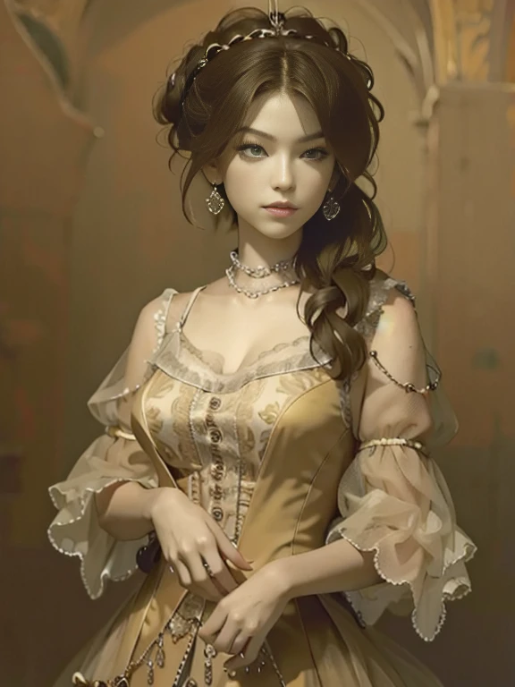 (Pure Color: 0.9), (Color: 1.1), (Masterpiece: 1,2), Top Quality, Masterpiece, High Resolution, Original, Highly Detailed Wallpaper, Beauty, Victorian, Dress, Melancholy, slender body, medium Breasts, Sepia Color, 25 years old