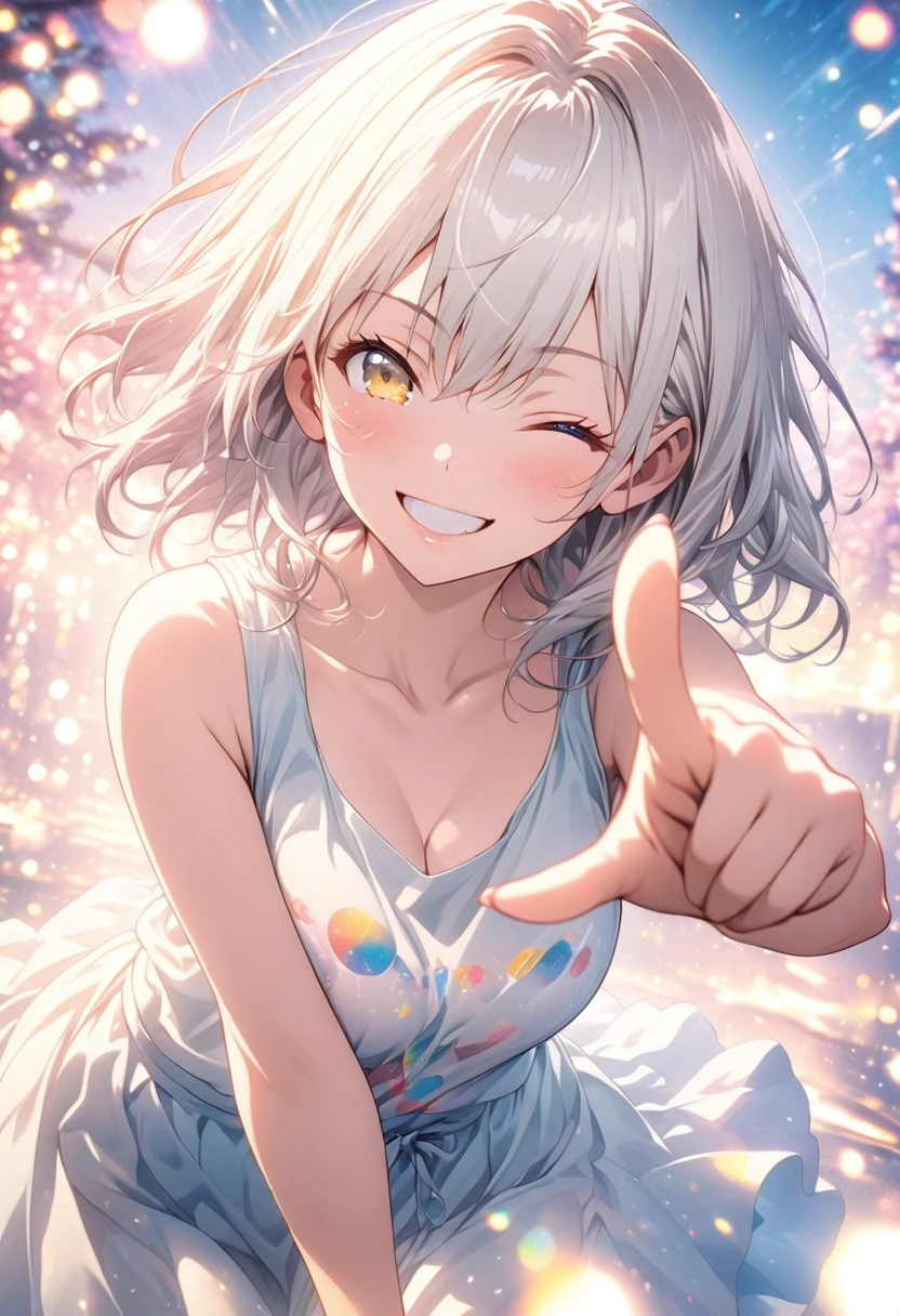 masterpiece, Highest quality, Highly detailed CG Unity 8K wallpapers, High School Girl Anime Illustration. Wear an oversized tank top、Love Dance Solo, Pointing index finger, she has her eyes closed and mouth open, smile. The background is a light pastel colored landscape.., white hair color, Yellow Eyes, bokeh photography, (soft focus):1.2, out-of-focus highlights, dreamy ambiance, glowing circles, mesmerizing depth, The background is realistic