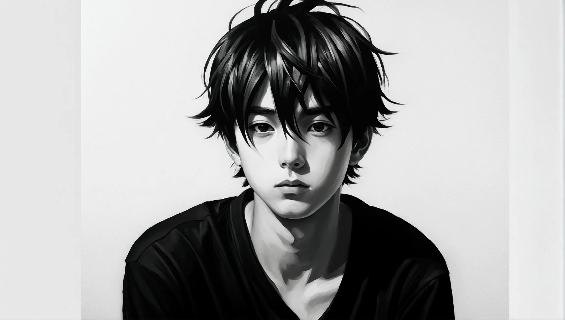 manga boy in oil painting,  black andwhite