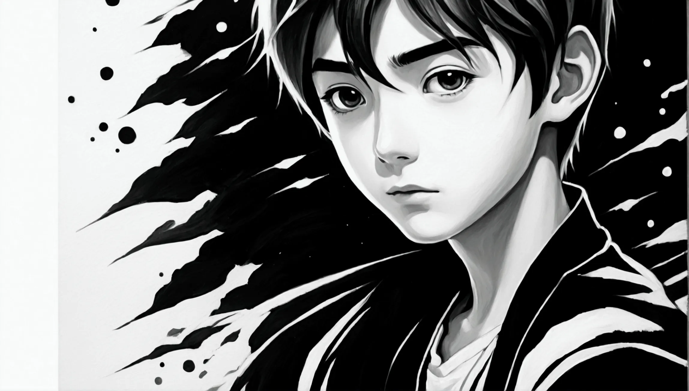 manga boy in oil painting,  black andwhite