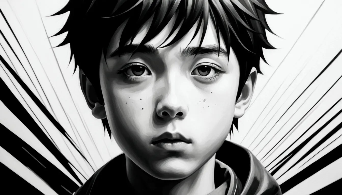 manga boy in oil painting,  black andwhite