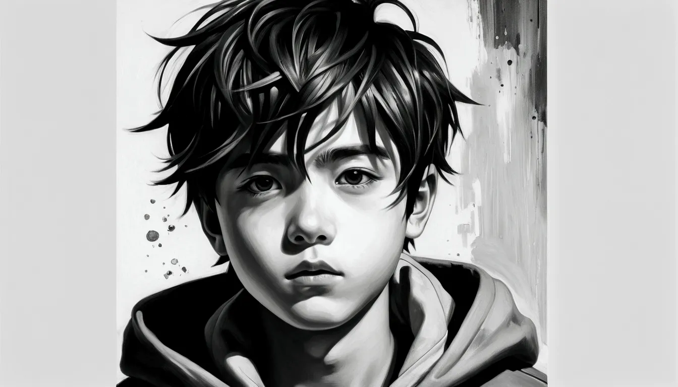 manga boy in oil painting,  black andwhite