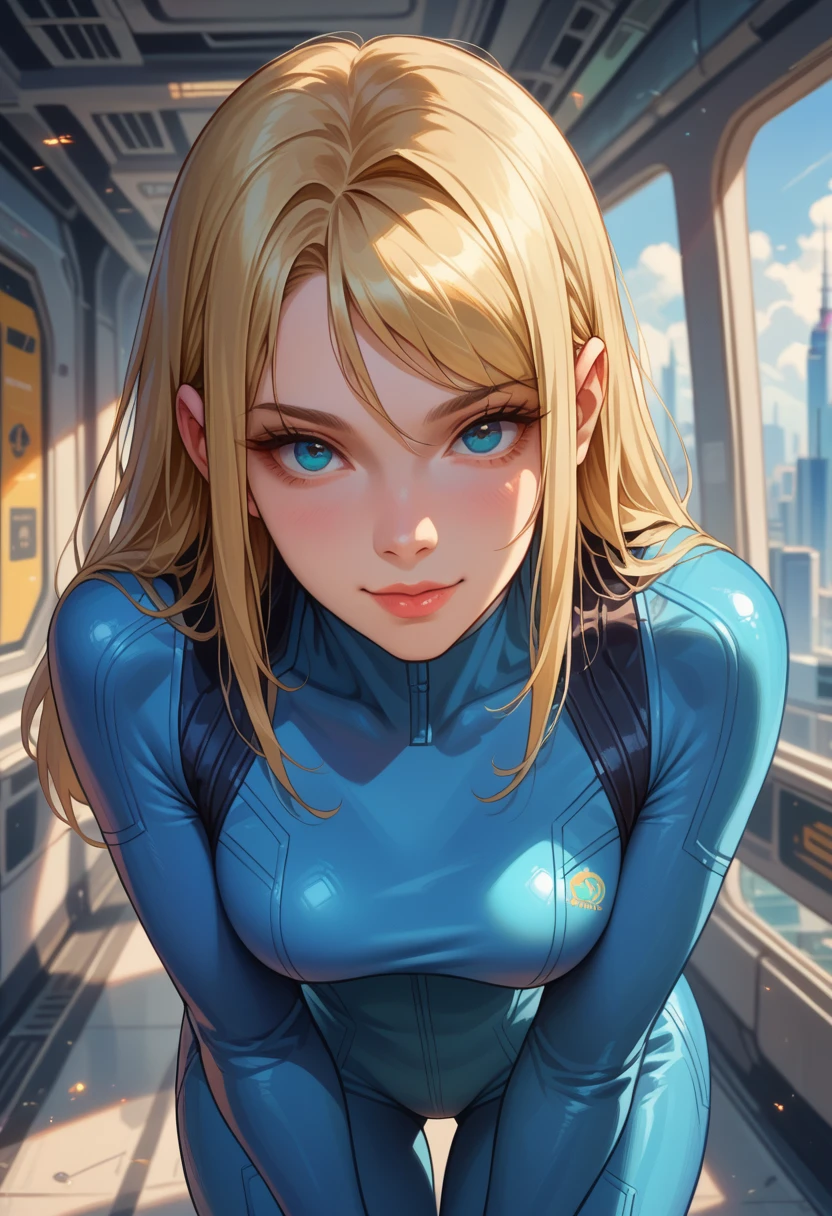 score_9, score_8_up, score_7_up, girl solo, blonde hair, bodysuit,blue clothes, blue pants, standing, leaning forward, flirtatious smile, blowing a kiss, looking at you, spaceship, from frontal