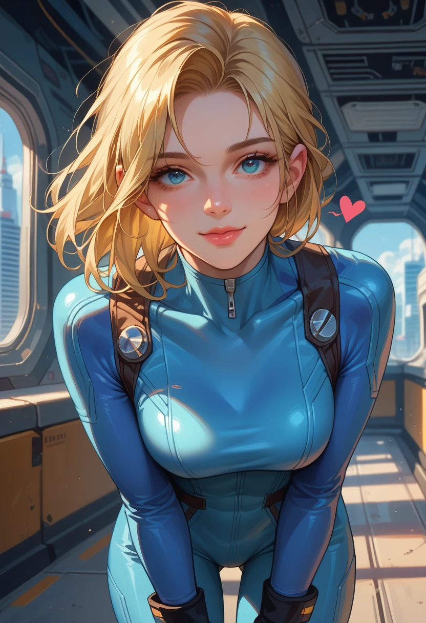 score_9, score_8_up, score_7_up, girl solo, blonde hair, bodysuit,blue clothes, blue pants, standing, leaning forward, flirtatious smile, blowing a kiss, looking at you, spaceship, from frontal