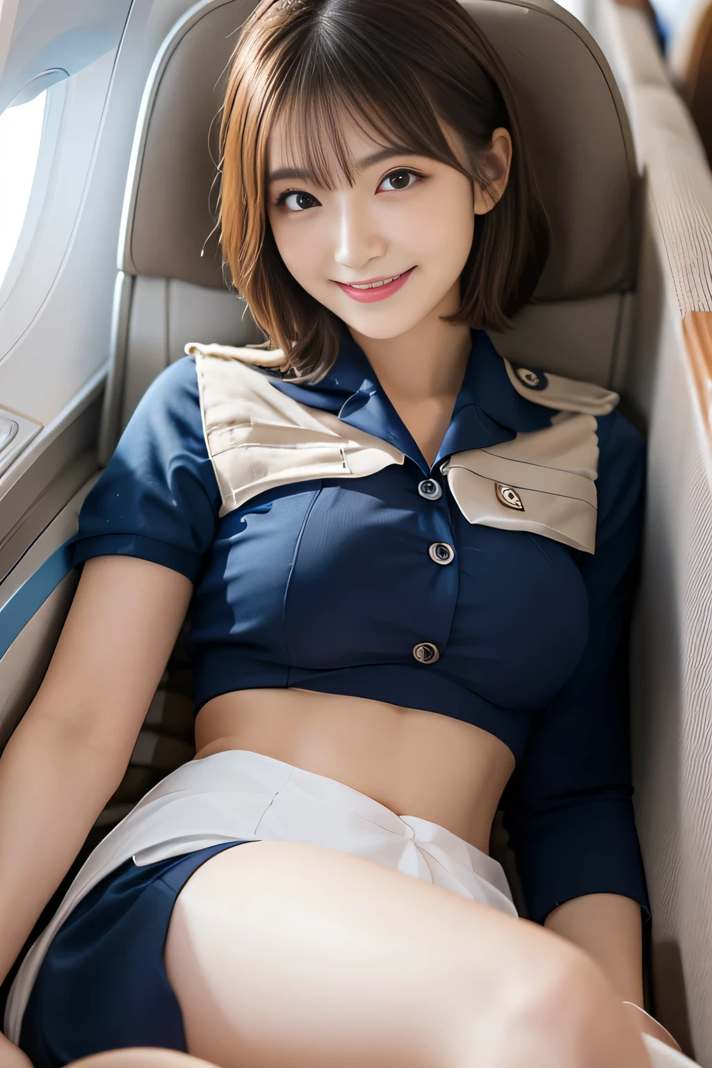 Very beautiful Japanese 20 year old woman, (とてもcute顔:1.9), (smile:1.9), (Sexy Body, Beautiful body:1.2),(looking at the camera, Kind eyes:1.3), (超High resolution;1.9) ,(Very beautiful eyes, Extremely beautiful skin), {Masterpiece}, {Highest quality}, High resolution, Very detailed, 8k, cute, {Very delicate and beautiful}, In detail,Stunningly beautiful, {photo realistic}, Intricate details, Very detailed, {Beautiful Face}, Super detailed, Depth of written boundary, Beautiful visual effects, (Shiny skin) , {One girl}, (double eyelid, round face), RAW Photos,Wide eyes, (Stewardess costume:1.5), (Lying down, She spreads her legs wide to show her pubic hair, Beautiful, well-groomed female pubic hair, Thighs :1.6), Bright spot, Looking up, (Big Breasts, Her breasts are erect, Short Hair, Semen dripping down my stomach:1.4)