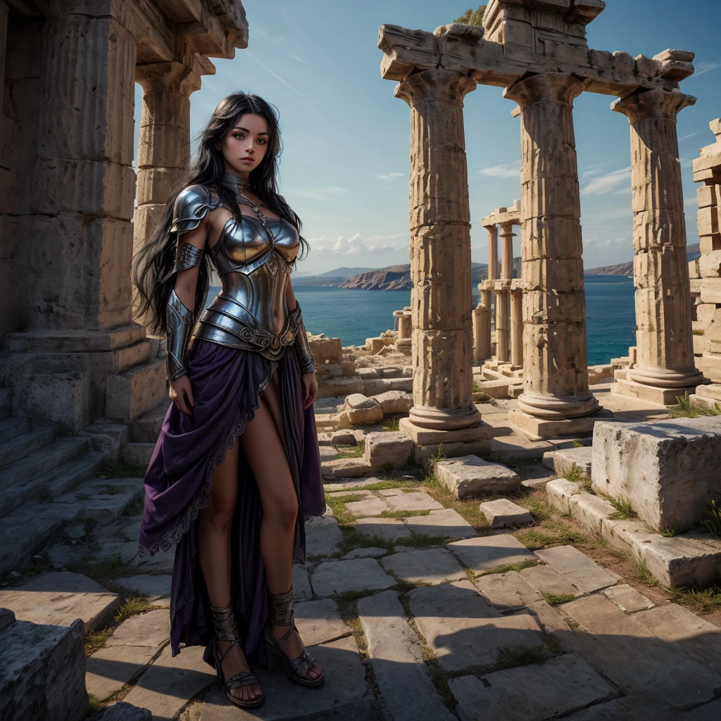 A young woman with long black hair, with bright violet eyes and olive skin, wearing a greek silver armor with purple accents, standing in front of a greek temple overlooking the sea. 