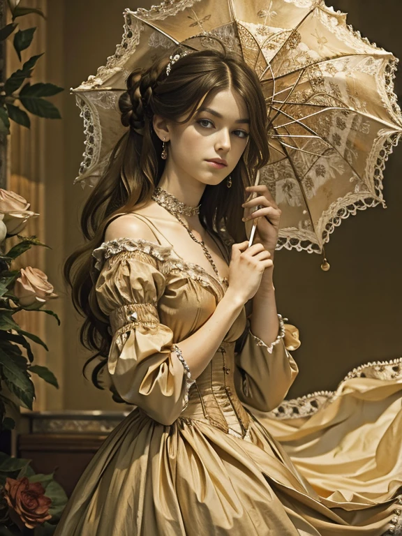 (Pure Color: 0.9), (Color: 1.1), (Masterpiece: 1,2), Top Quality, Masterpiece, High Resolution, Original, Highly Detailed Wallpaper, Beauty, Victorian, Dress, Melancholy, slender body, medium Breasts, Sepia Color, 25 years old