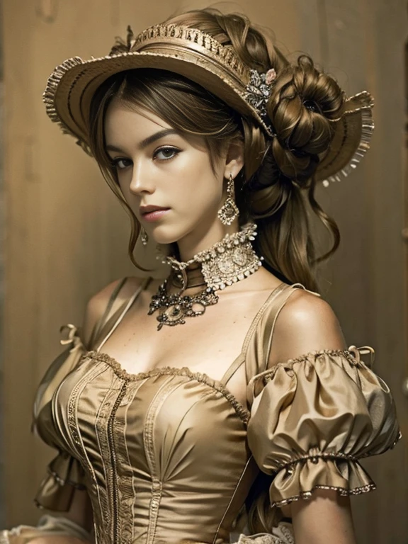 (Pure Color: 0.9), (Color: 1.1), (Masterpiece: 1,2), Top Quality, Masterpiece, High Resolution, Original, Highly Detailed Wallpaper, Beauty, Victorian, Dress, Melancholy, slender body, medium Breasts, Sepia Color, 25 years old