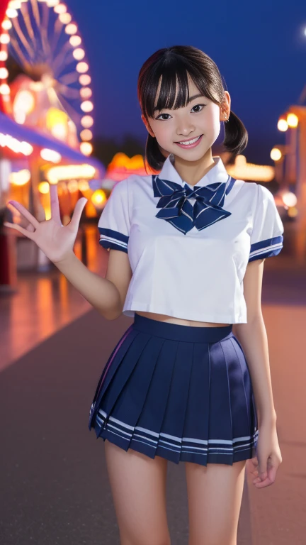 ((Best Quality)), ((Mastepiece)), (Detailed boobs), (Perfect Face:1.8), (perfect eyes), (super detailed), (perfect detailed fingers) ,Highly detailed facial and skin texture, (perfect body), (perfect face), 1girl, ultra detailed eyes, (Japanese cute idol, Phenomenally cute face, kawaii), (school uniform, nipples, unbelievable short pleated mini skirt, lace thong), (hairless pussy:1.2), (huge tits:1.3), (smile:1.3), open mouth, very slim legs, pigtails, short hair, (looking at viewer), (at amusement park, outdoor, at night), cowboy shot, from front, (very wide shot),  (No makeup)、(Very slim and beautiful thighs)、very small hips、((Very short stature))、(((Young body type)))、(((11 years old))), waving