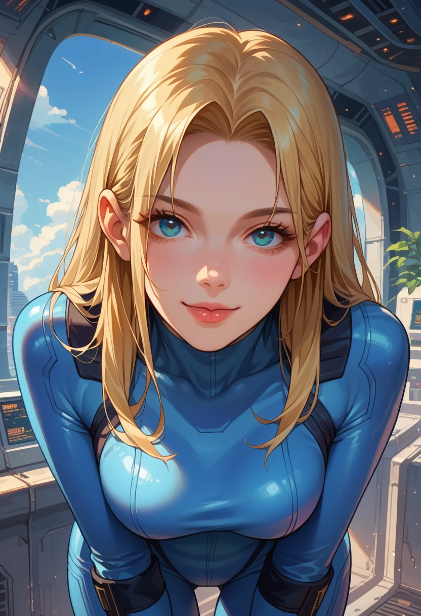 score_9, score_8_up, score_7_up, source_anime, girl solo, blonde hair, bodysuit,blue clothes, blue pants, standing, leaning forward, flirtatious smile, blowing a kiss, looking at you, spaceship, from frontal