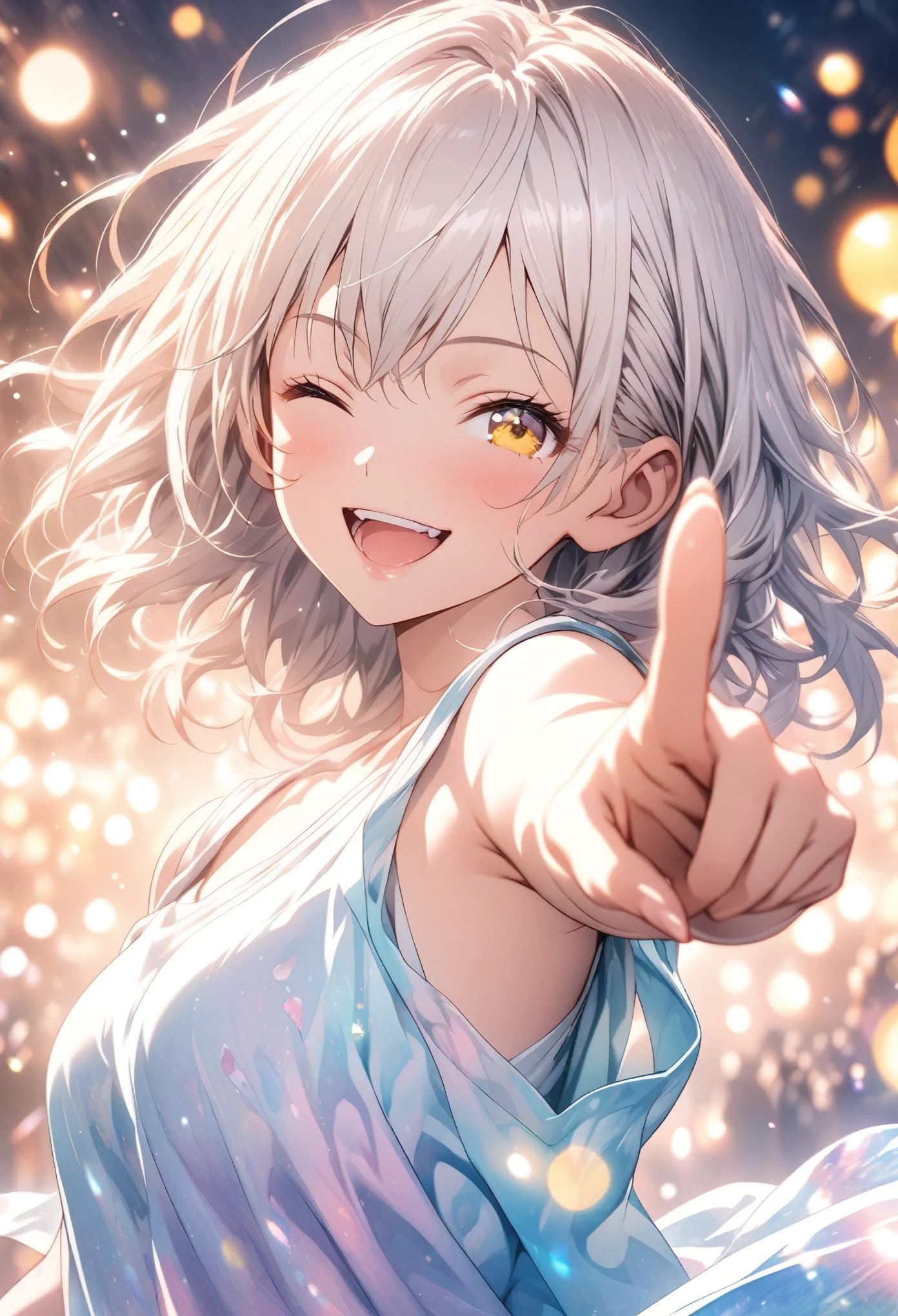 masterpiece, Highest quality, Highly detailed CG Unity 8K wallpapers, High School Girl Anime Illustration. Wear an oversized tank top、Love Dance Solo, Pointing index finger, she has her eyes closed and mouth open, smile. The background is a light pastel colored landscape.., white hair color, Yellow Eyes, bokeh photography, (soft focus):1.2, out-of-focus highlights, dreamy ambiance, glowing circles, mesmerizing depth, The background is realistic