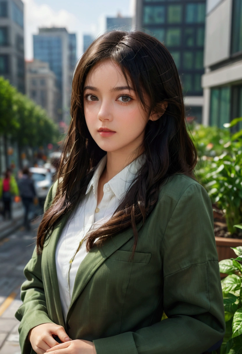 Create a 4K, highly detailed, and beautifully rendered image of a female urban environmental engineer, standing confidently in a bustling cityscape. She has long, wavy dark brown hair and hazel eyes, wearing practical yet stylish eco-friendly clothing in green tones. The background features a mix of modern buildings and lush green spaces, showcasing sustainable urban solutions such as rooftop gardens and solar panels. The image should capture her determination and compassion, with a warm, optimistic atmosphere, using vibrant and harmonious colors."