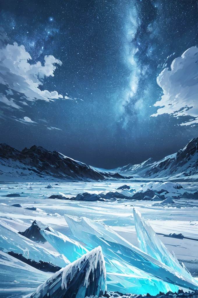 Backlight,cold,Ice storms,
(Blue Theme,Ice theme,Beautiful night sky,Glowing ice:1.3)
(masterpiece, best quality, Extremely detailed, Surrealism, photo), delicate patterned, Detailed background, Super detailed concept art,(dark:1.4), Dynamic Lighting, Faint light,High contrast,