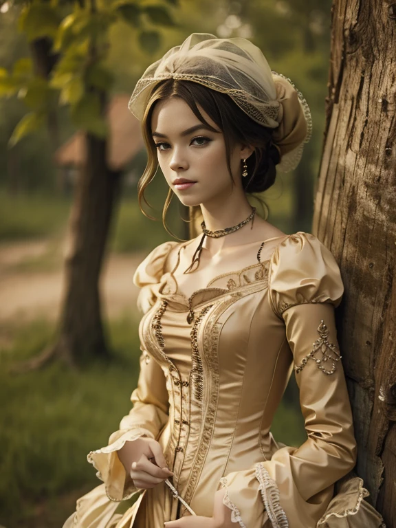 (Pure Color: 0.9), (Color: 1.1), (Masterpiece: 1,2), Top Quality, Masterpiece, High Resolution, Original, Highly Detailed Wallpaper, Beauty, Victorian, Dress, Melancholy, slender body, medium Breasts, Sepia Color, 25 years old, outdoor