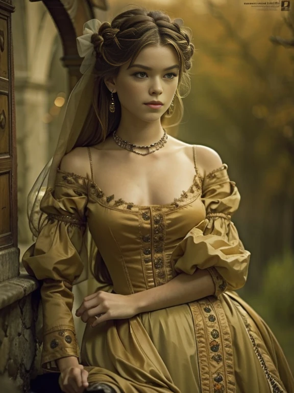 (Pure Color: 0.9), (Color: 1.1), (Masterpiece: 1,2), Top Quality, Masterpiece, High Resolution, Original, Highly Detailed Wallpaper, Beauty, Victorian, Dress, Melancholy, slender body, medium Breasts, Sepia Color, 25 years old, outdoor